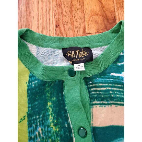 Bob Mackie Wearable Art XL Green Abstract Buttons Cardigan Sweater 3/4 Sleeves - Picture 2 of 7